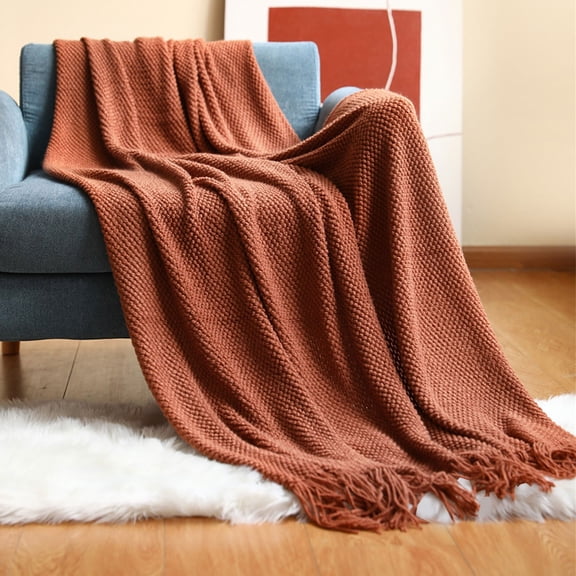 Zenithome Solid Fringe Knitted Blanket for Sofa Bed Car Travel Beach Picnic 127x182cm 50x72in