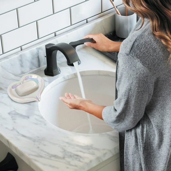 Zenithome Valentine White Pink Silver Cute Romantic Smooth Heart Shaped Ceramic Soap Box 4.92x4.33x1.3In For Bathroom Countertop Gift Storage