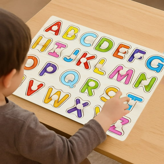 Zenithome Wooden Puzzle Board Natural Vibrant Smooth Safe Fun For Home Playgroup Travel Learn Alphabet Shapes Train Coordination 11.8x8.8In