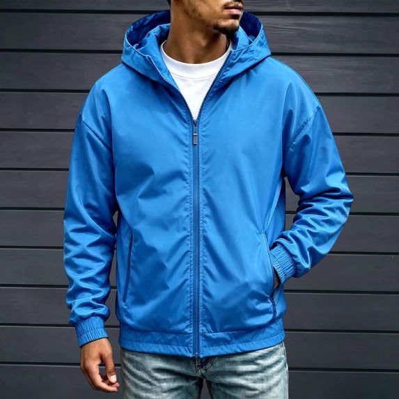 Zenithor Big and Tall Men's Hooded Windbreaker Jacket Zip Up Rain Coat Solid Long Sleeve Elastic Cuffs Pockets Spring Fall Outdoor Outerwear Blue(XXS-3XL)