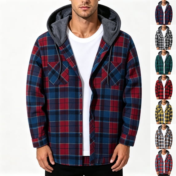 Zenithor Big and Tall Men's Flannel Hoodie Jackets, Casual Plaid Button Down Hooded Shirt Coats for Men, Lightweight Shacket Jacket with Pockets,3XL
