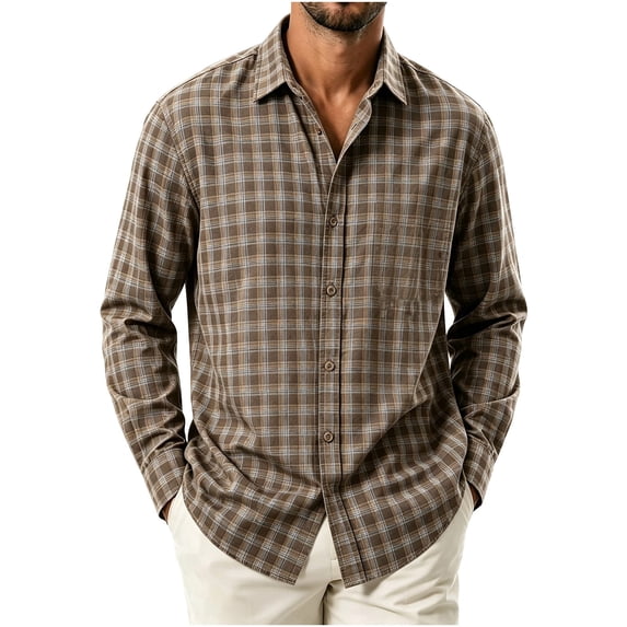 Zenithor Cotton Plaid Button-Up Shirts for Men, Regular Fit Long Sleeve Tops, Outdoors Casual Wear Brown Sizes M-3XL