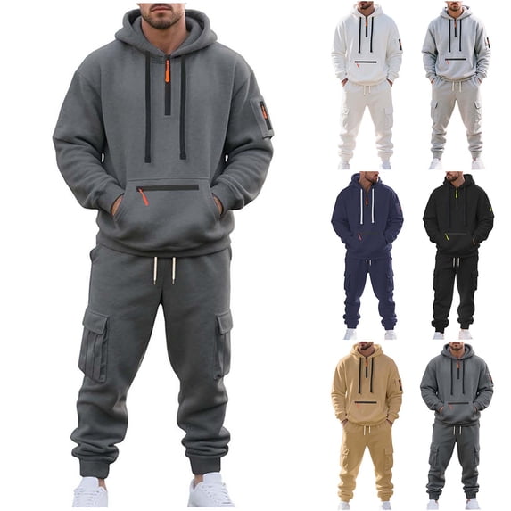 Zenithor Men's 2-Piece Hoodies and Cargo Joggers Set Work Out Casual Hiking Tracksuits Quarter Zip Sweatshirts with Kangaroo Pockets and Pants M-3XL