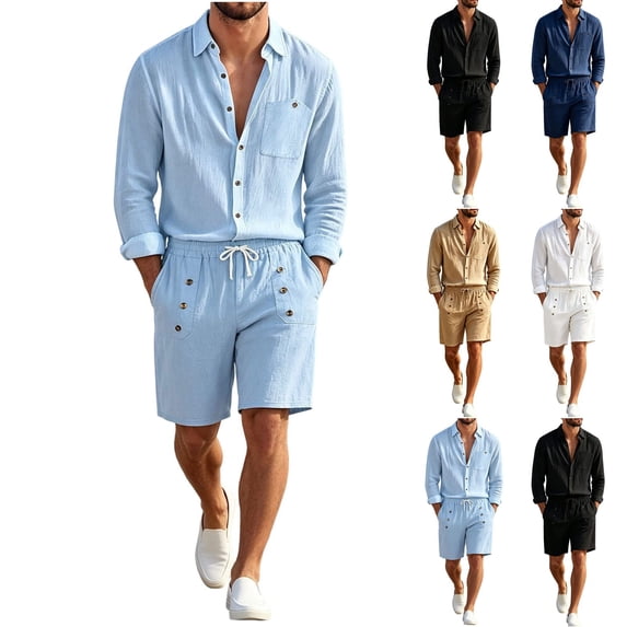 Zenithor Men's 2-Piece Linen Shirts and Shorts Set Long Sleeve Button-Up Shirts Outfits Beach Vacation Wear S-3XL