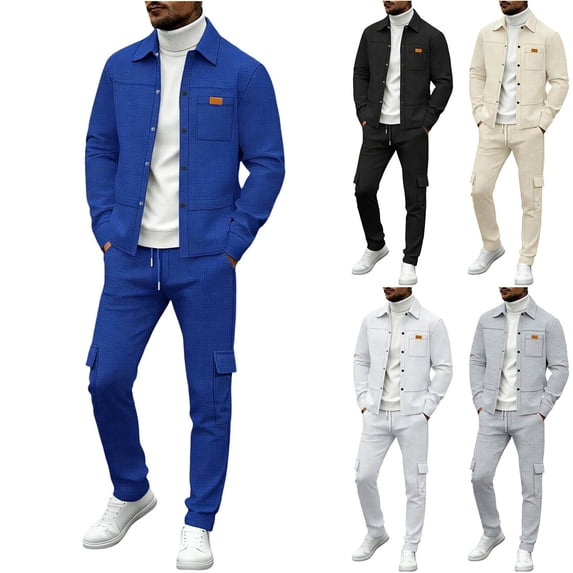 Zenithor Men's 2 Piece Outfits Winter Warm Long Sleeve Button-Up Shirts and Elastic Waist Cargo Pants Set for Commute Casual S-3XL