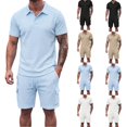 thumbnail image 1 of Zenithor Men's 2 Piece Rib Collar Shirts and Cargo Shorts Set Textured Short Sleeve Top Match Set Summer Beach Outfits S-3XL, 1 of 6