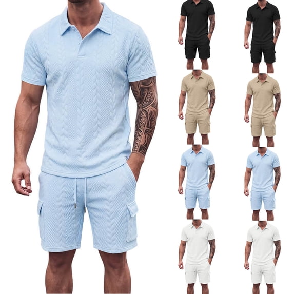 Zenithor Men's 2 Piece Rib Collar Shirts and Cargo Shorts Set Textured Short Sleeve Top Match Set Summer Beach Outfits S-3XL