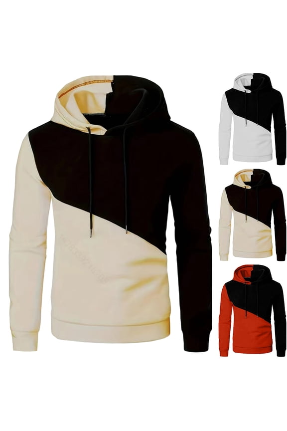 Men's Asymmetrical Colorblock Hoodies Relaxed Fit Drawstring Sweatshirts Warm Pullovers for Fall Commute White(XS-3XL)