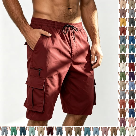 Zenithor Men's Cargo Shorts Summer Lightweight Casual Elastic Waist Drawstring Knee Length Outdoor Hiking Work Shorts with Multi Pockets Pink(S-5XL)
