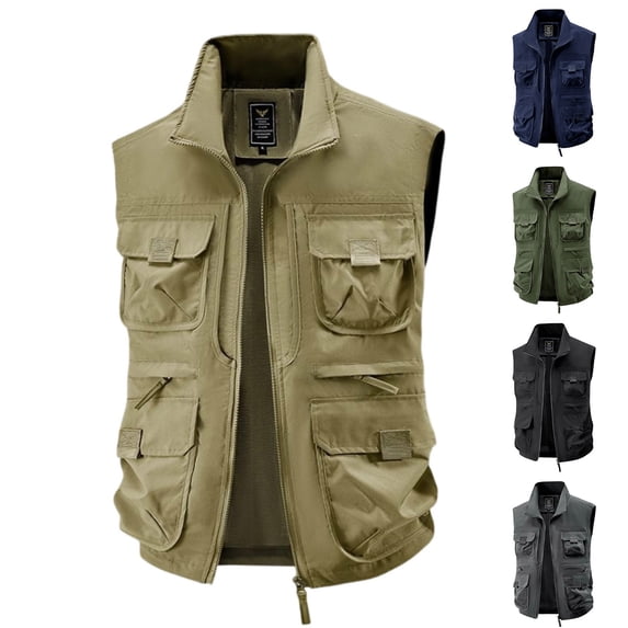 Zenithor Men's Fishing Vest, Multi Pocket Outdoor Vest Full Zip Stand Collar Sleeveless Photography Vest for Hiking Travel and Outdoor Activities Sizes M-5XL Army Green