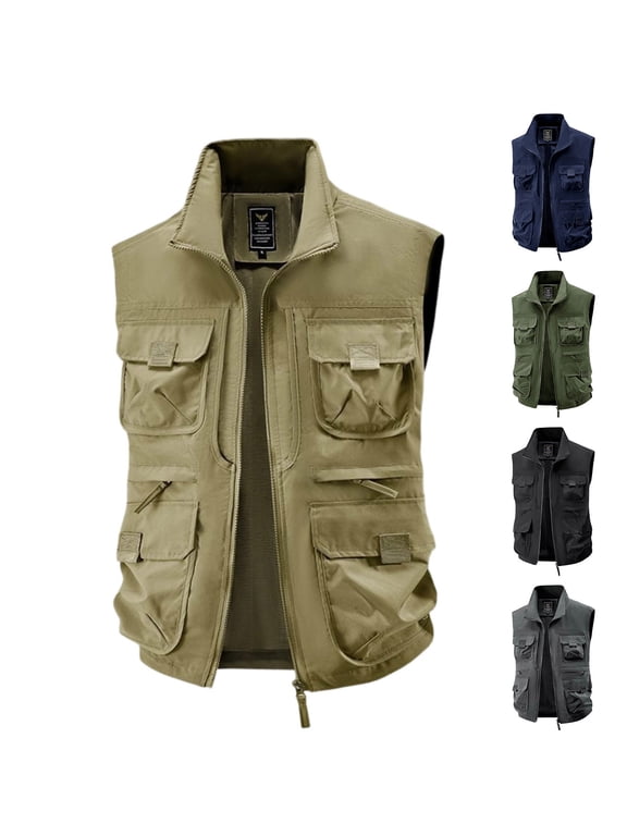 Men's Fishing Vest, Multi Pocket Outdoor Vest Full Zip Stand Collar Sleeveless Photography Vest for Hiking Travel and Outdoor Activities Sizes M-5XL Army Green