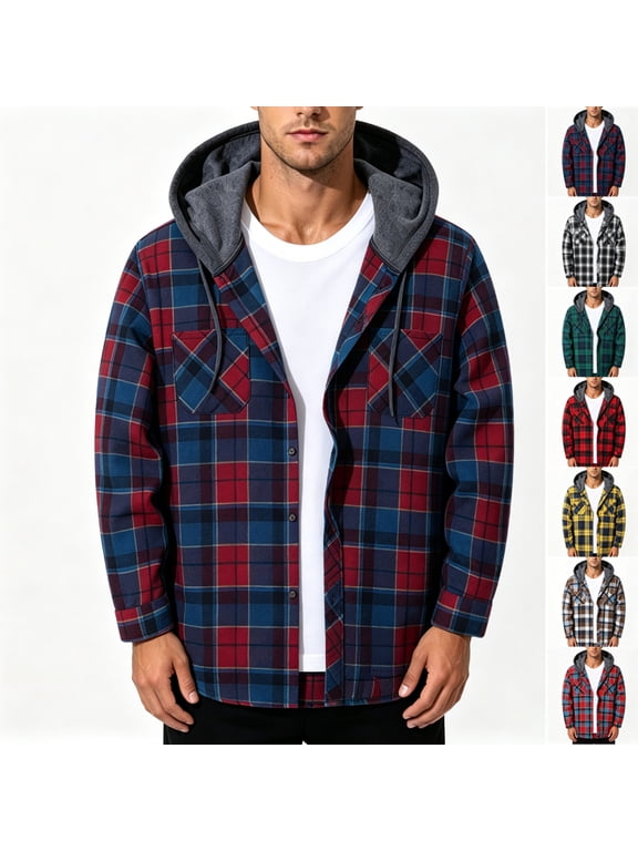 Men's Flannel Hoodie Jackets Casual Plaid Zip Up Hooded Shirt Coats for Men,Lightweight Full Zip Shacket with Pockets,2XL