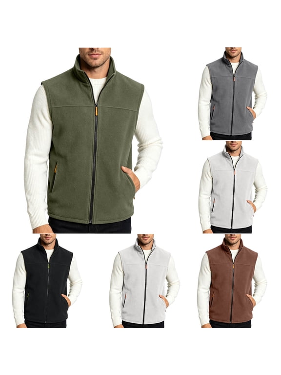 Men's Fleece Vest, Sleeveless Stand Collar Full Zip Outdoor Vest with Zipper Pockets, Soft Warm Outerwear for Hiking Travel and Casual Wear Sizes S-3XL Brown