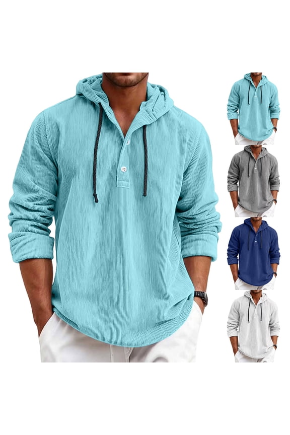 Men's Hooded Henley Pullovers Ribbed Knit Button Placket Drawstrings Sweatshirts Relaxed Fit Streetwears for Commute or Outdoor Trips S-3XL