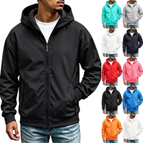 Zenithor Men's Hooded Windbreaker Jacket Zip Up Rain Coat Solid Long Sleeve Elastic Cuffs Pockets Spring Fall Outdoor Outerwear Black(XXS-3XL)