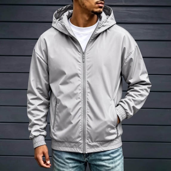 Zenithor Men's Hooded Windbreaker Jacket Zip Up Rain Coat Solid Long Sleeve Elastic Cuffs Pockets Spring Fall Outdoor Outerwear Gray(XXS-3XL)