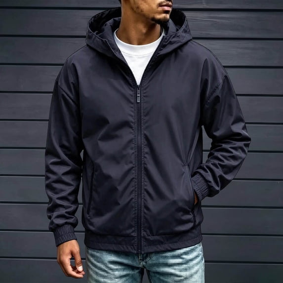 Zenithor Men's Hooded Windbreaker Jacket Zip Up Rain Coat Solid Long Sleeve Elastic Cuffs Pockets Spring Fall Outdoor Outerwear Navy(XXS-3XL)