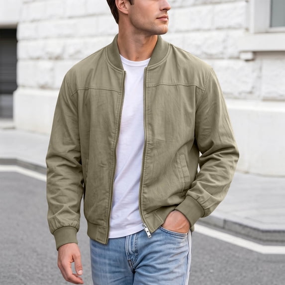 Zenithor Men's Lightweight Cotton Jacket Zip Up Coat Solid Raglan Sleeve Ribbed Stand Collar Spring Autumn Casual Outerwear Khaki(S-3XL)