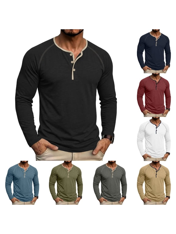 Men's Long Sleeve Henley Shirt, Gym Natural Performance Top, Soft Breathable Athletic Travel Shirt for Commute (Big and Tall Available),S