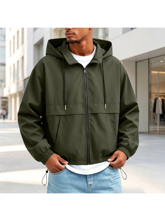 Men's Zip Up Jacket, Water Resistant Solid Long Sleeve Top, Outdoor Hiking Cycling Running Layer with Pockets Army Green Sizes S-2XL