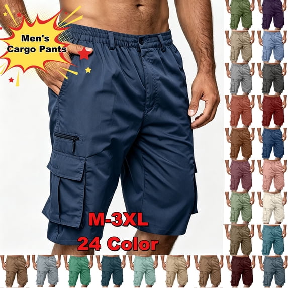 Zenithor Mens Shorts Casual Solid Elastic Waist Bottons with Multi-pockets Button Zipper Knee Length Pants Beach Party Work Shorts Coffee(M-3XL)