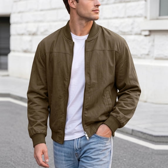 Zenithor Plus Size Men's Lightweight Cotton Jacket Zip Up Coat Solid Raglan Sleeve Ribbed Stand Collar Spring Autumn Casual Outerwear Coffee(S-3XL)