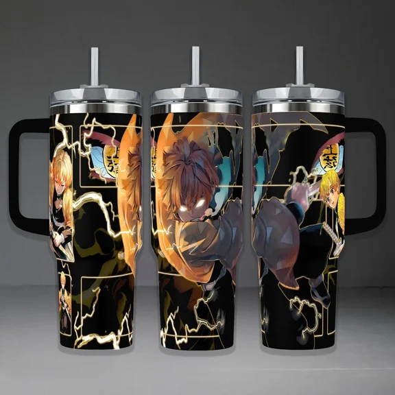 Zenitsu Agatsuma Demon Slayer Tumbler Cup, Yellow Lightning Anime Full Wrap Stainless Steel Insulated Tumbler 20oz/40oz With Straw Lid Included, 40oz Handle Option