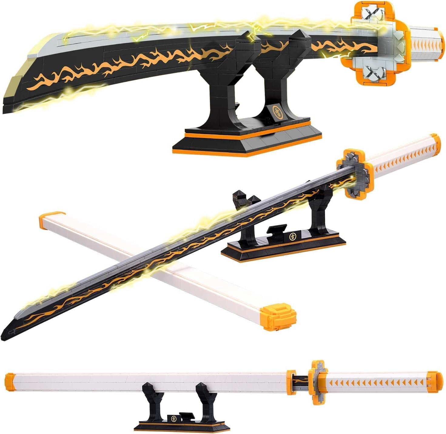 Zenitsu Sword Building Set, 38.8in Demon Sword Set with Scabbard and Stand, Cosplay Anime Samurai Sword, Handmade Katana Toy Sword for Adults and Kids 8+
