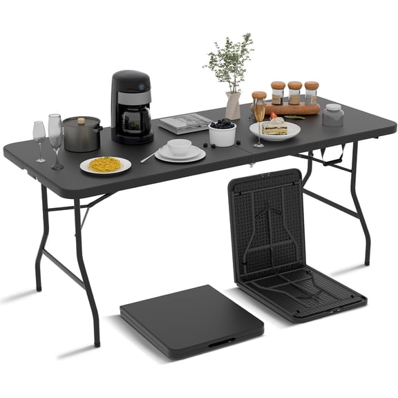 Zenjohn 6ft Folding Table - Heavy Duty Portable 6 Foot Plastic Table with Fold-in-Half Design & Carry Handle, Indoor Outdoor Utility Table for Dining, Camping, Parties, Picnics, Tailgating