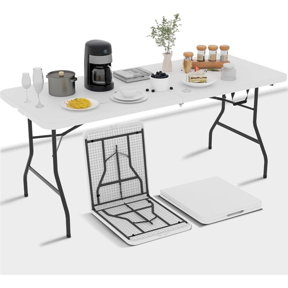 Zenjohn 6ft Folding Table - Heavy Duty Portable 6 Foot Plastic Table with Fold-in-Half Design & Carry Handle, Indoor Outdoor Utility Table for Dining, Camping, Parties, Picnics, Tailgating