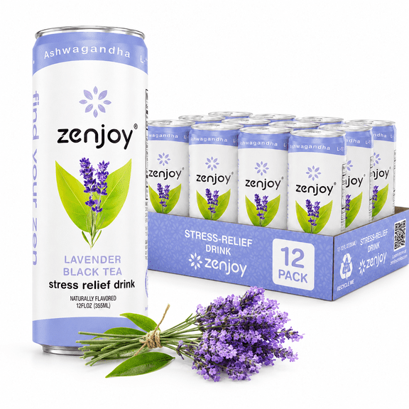 Zenjoy Stress Reief Drink, Calming Black Tea, Non Alcoholic, Ashwagandha & Lemon Balm for Stress Relief, L - Theanine for Focus (12 Pack) (Lavender)