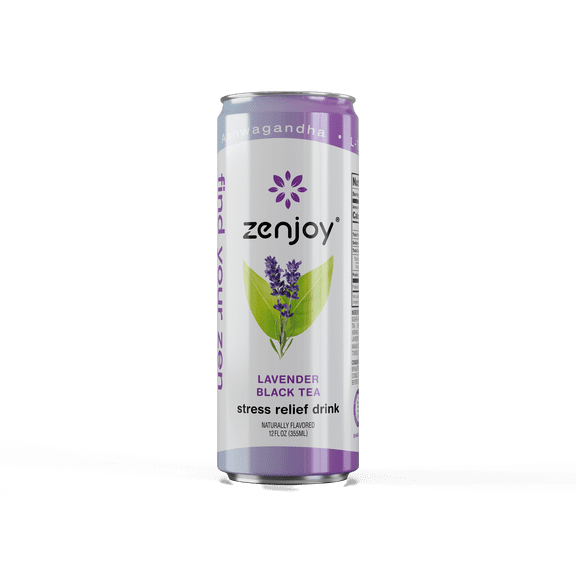 Zenjoy Stress Reief Drink, Calming Black Tea, Non Alcoholic, Ashwagandha & Lemon Balm for Stress Relief, L - Theanine for Focus Lavender 12oz Sleek Can