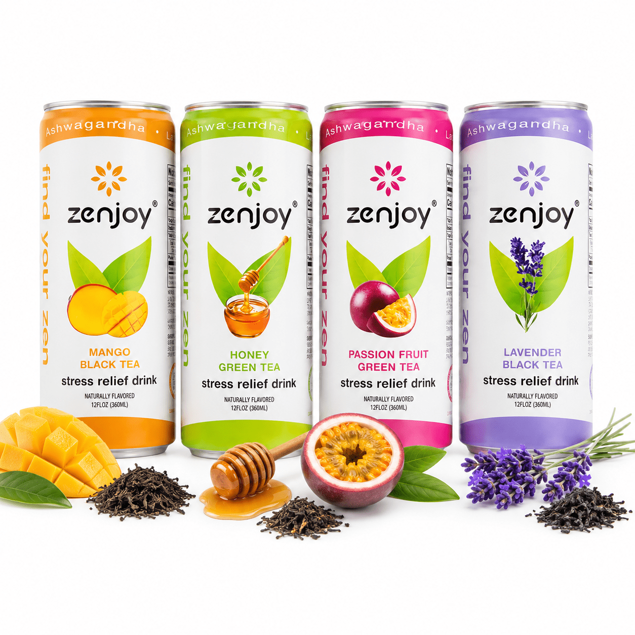 Zenjoy Stress Reief Drink, Calming Black and Green Tea, Non Alcoholic, Ashwagandha & Lemon Balm for Stress Relief, L - Theanine for Focus (12 Pack) (Variety)