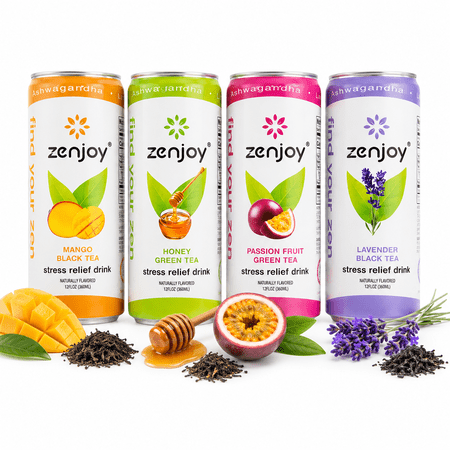 Zenjoy Stress Reief Drink, Calming Black and Green Tea, Non Alcoholic, Ashwagandha & Lemon Balm for Stress Relief, L - Theanine for Focus (12 Pack) (Variety)