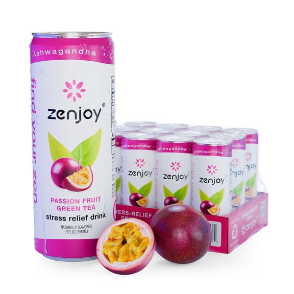 Zenjoy Stress Reief Drink, Calming Green Tea, Non Alcoholic, Ashwagandha & Lemon Balm for Stress Relief, L - Theanine for Focus (12 Pack) (Passion Fruit))