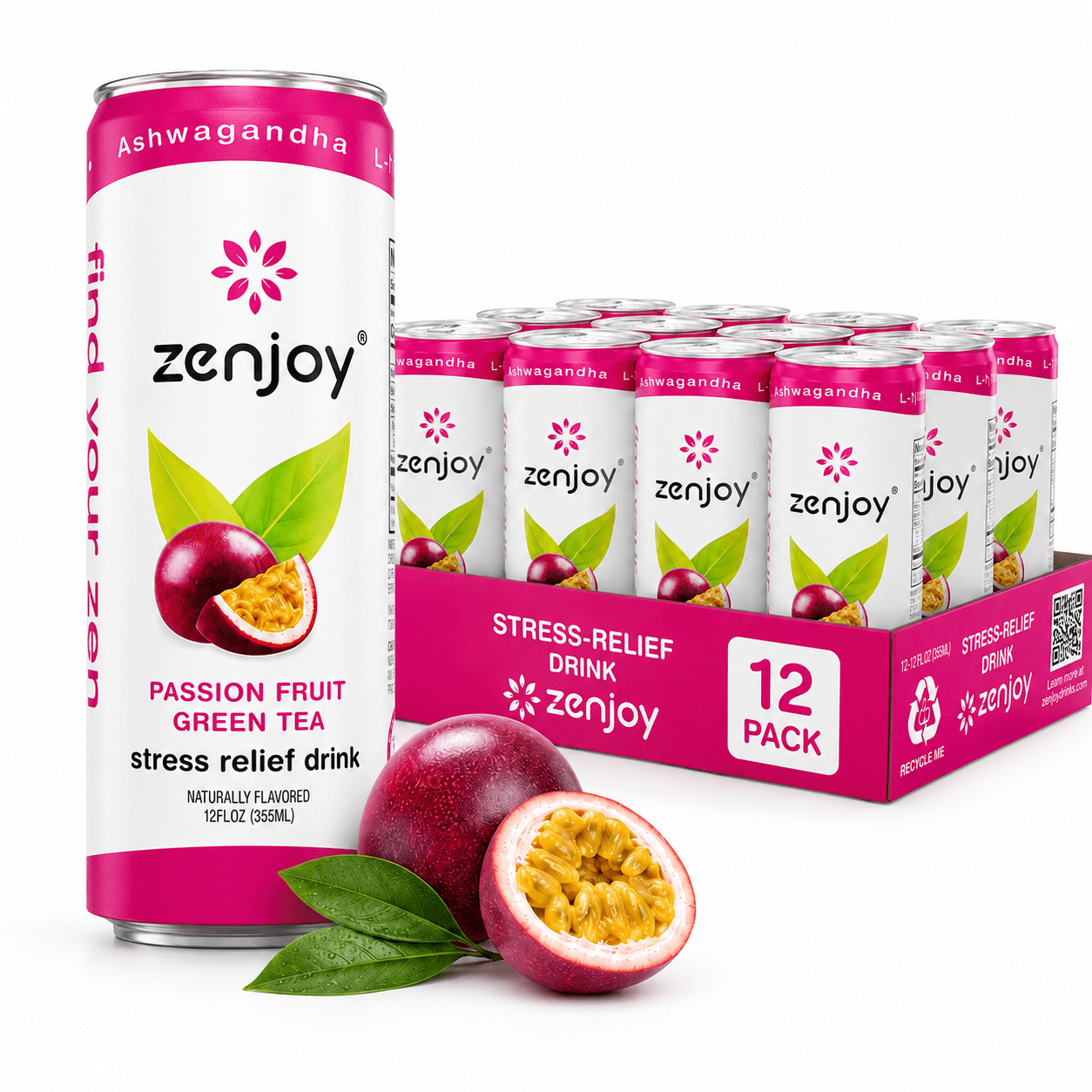 Zenjoy Stress Reief Drink, Calming Green Tea, Non Alcoholic, Ashwagandha & Lemon Balm for Stress Relief, L - Theanine for Focus (12 Pack) (Passion Fruit))