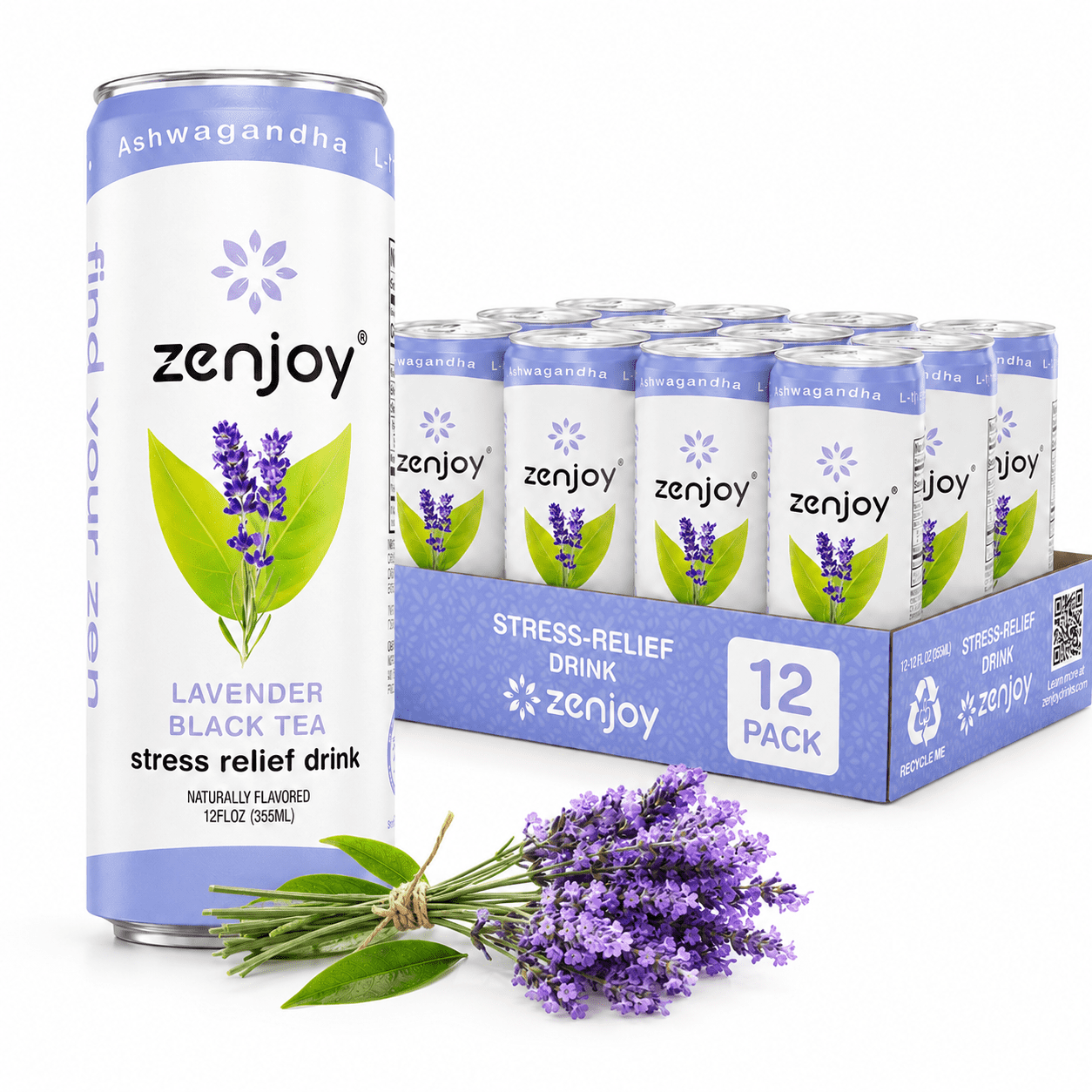 Zenjoy Stress Reief Drink, Calming Black Tea, Non Alcoholic, Ashwagandha & Lemon Balm for Stress Relief, L - Theanine for Focus (12 Pack) (Lavender)