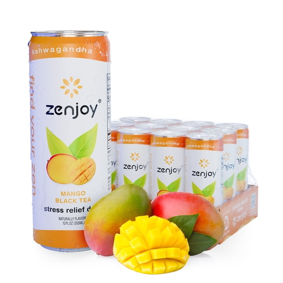 Zenjoy Stress Reief Drink, Calming Black Tea, Non Alcoholic, Ashwagandha & Lemon Balm for Stress Relief, L - Theanine for Focus (12 Pack) (Mango)
