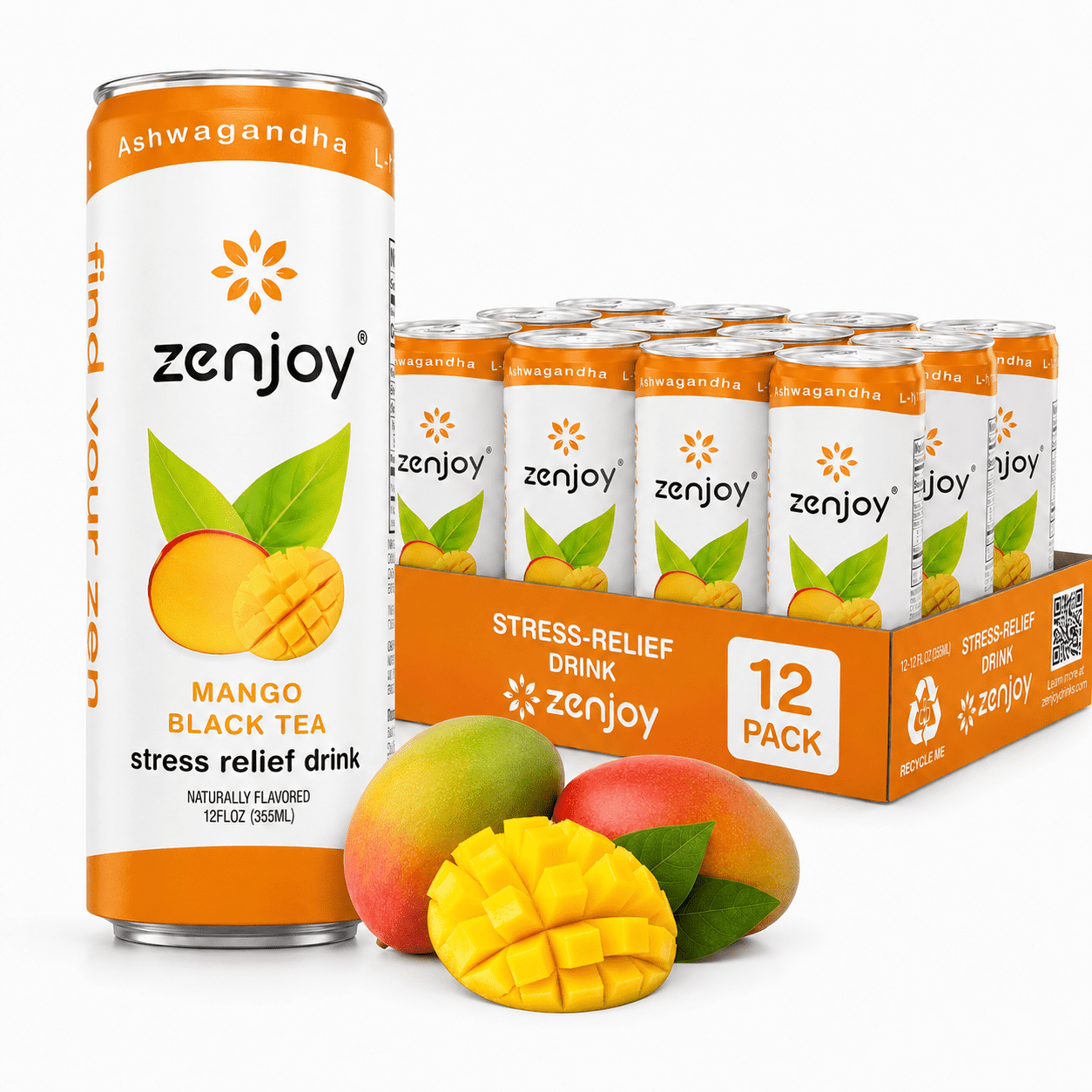 Zenjoy Stress Reief Drink, Calming Black Tea, Non Alcoholic, Ashwagandha & Lemon Balm for Stress Relief, L - Theanine for Focus (12 Pack) (Mango)