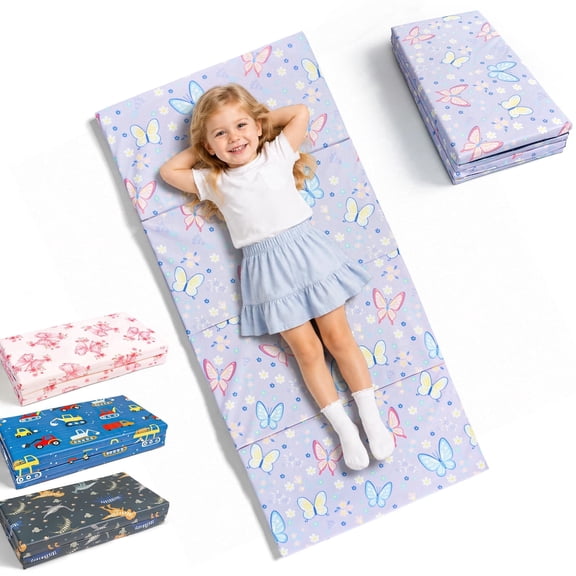 Zenkitch Kids PU Leather Nap Mat, 48 in x 23 in, Foldable Wipeable Preschool Rest Mat, Purple Butterfly