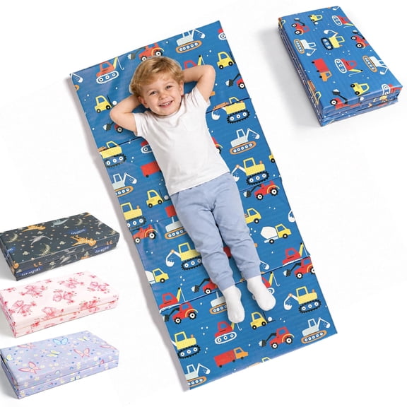 Zenkitch Kids PU Leather Nap Mat, 48 in x 23 in, Foldable Wipeable Preschool Rest Mat, Blue Cars