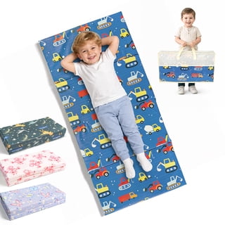 Zenkitch Kids Vinyl Nap Mat with Carry Bag, 48" x 23" Trifold Toddler Rest Mat, Waterproof & Wipeable, Blue Cars