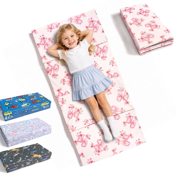 Zenkitch Kids PU Leather Nap Mat, 48 in x 23 in, Foldable Wipeable Preschool Rest Mat, Pink Bow