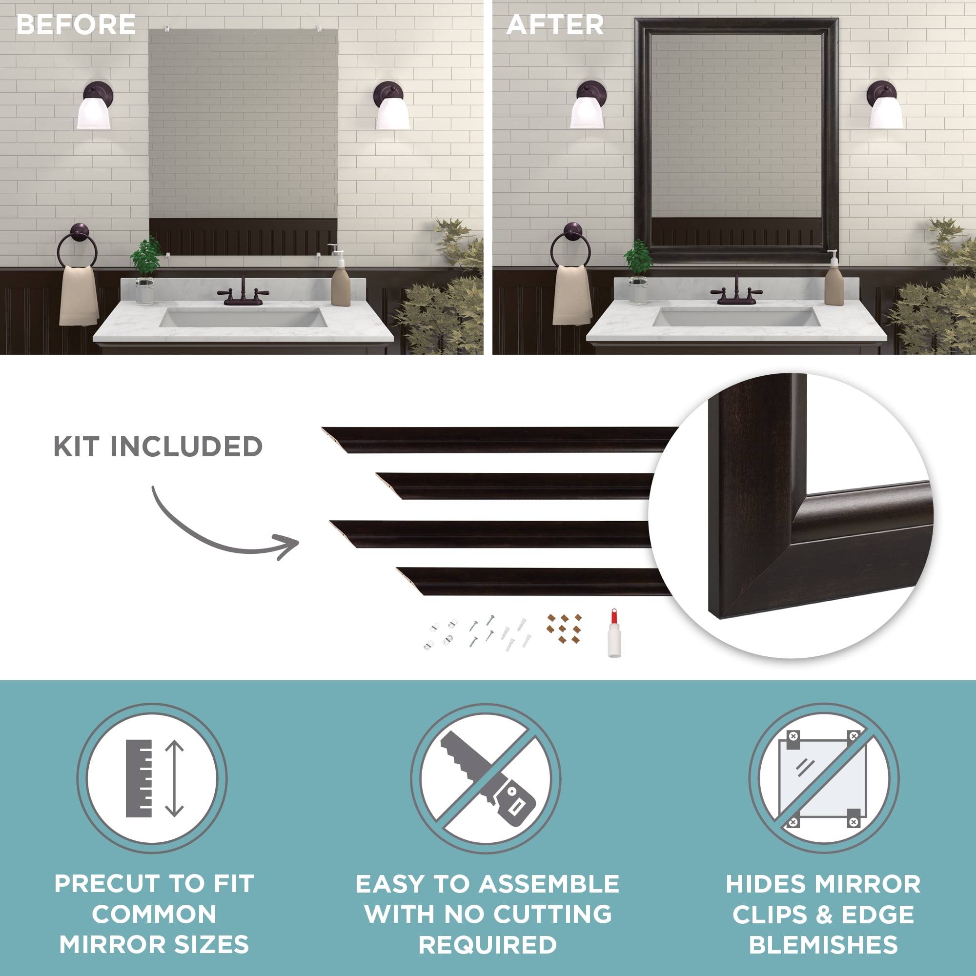 Zenna Home Decorative Mirror Framing Kit, with Beveled Edges, 30 x 36 in., Espresso