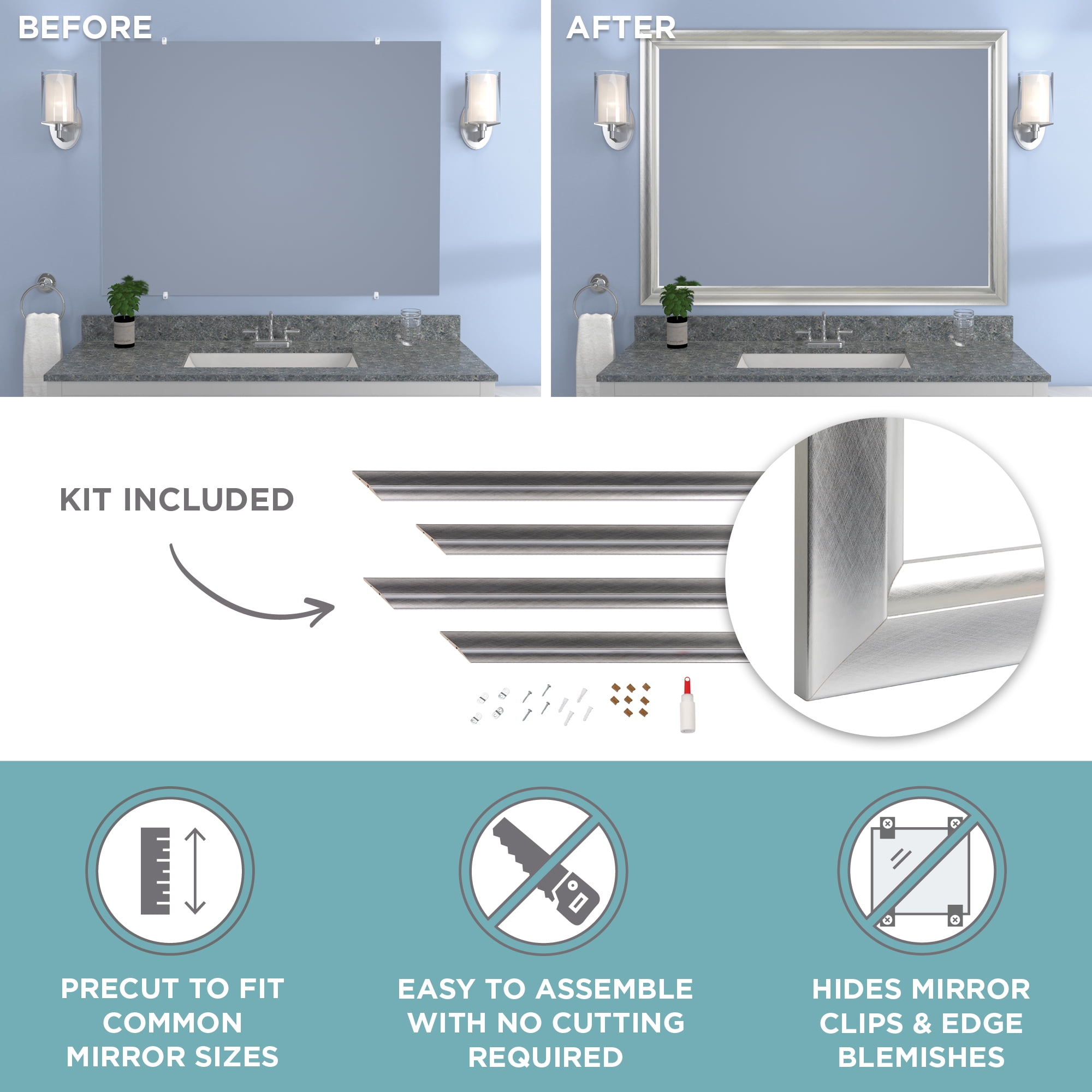 Zenna Home Decorative Mirror Framing Kit, with Beveled Edges, 48 x 36 in., Silver