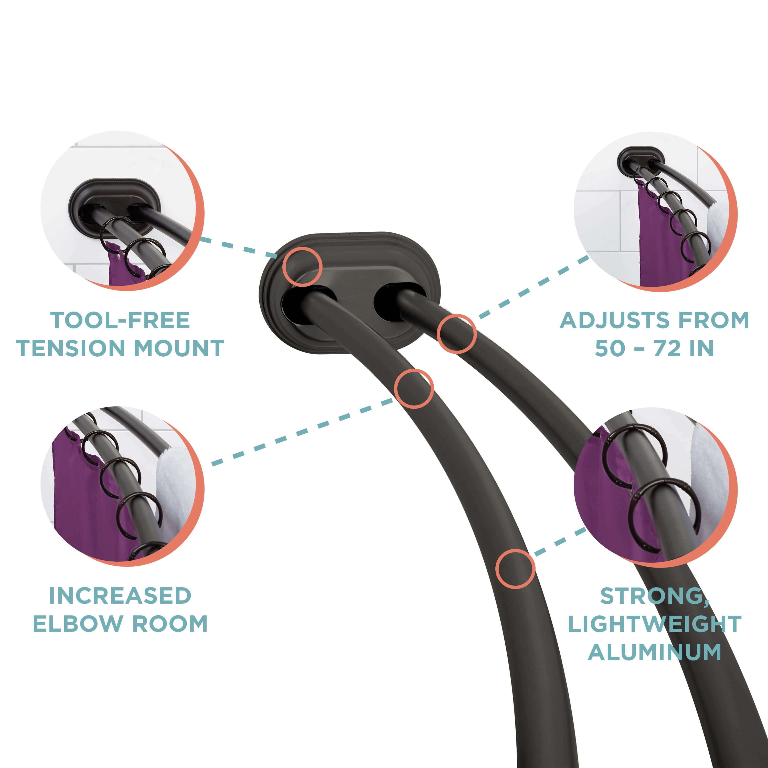 Zenna Home Rustproof Double Curved Shower Curtain Rod, Toolfree