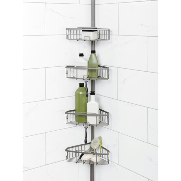 Zenna Home Satin Nickel Metal Tension Pole Shower Caddy with 4 Basket Shelves, Adjustable 5 - 9 Feet