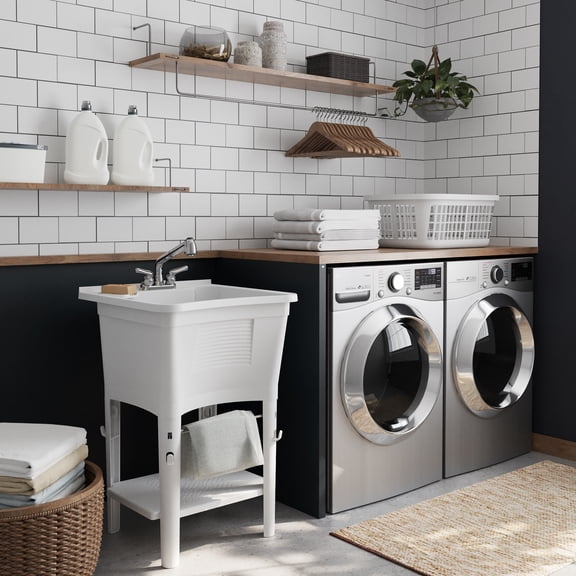 Zenna Home Utility Sink with Pull-Out Faucet: Laundry Tub Work Center, 24" W x 24" H Sink, in White