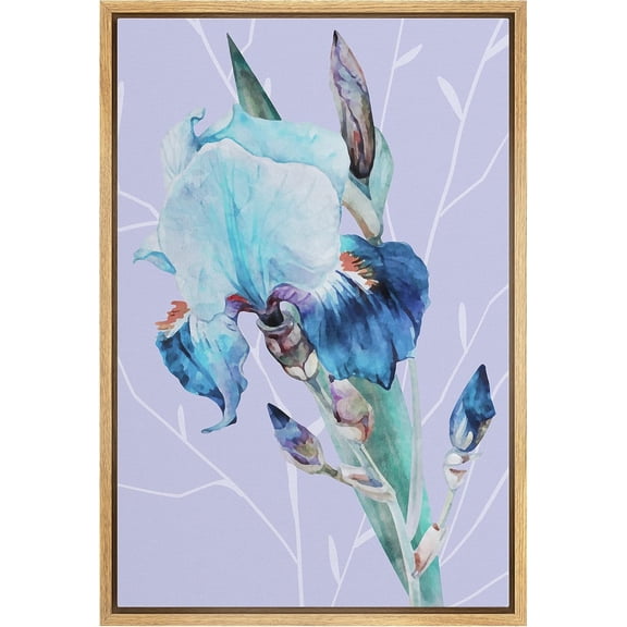Zenobia Framed Canvas Print Wall Art Blue Iris with  Silhouette Background Nature Wilderness Watercolor Modern Art Rustic Colorful Pastel for Living Room, Bedroom, Office - 16"x24" Natural