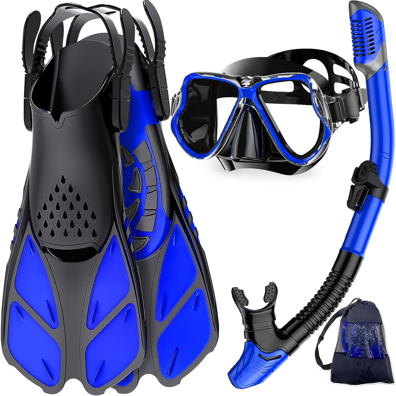 Zenoplige Mask Fins Snorkel Set with Adult Junior Scuba Snorkeling Gear, Panoramic View Diving Mask Deep Blue